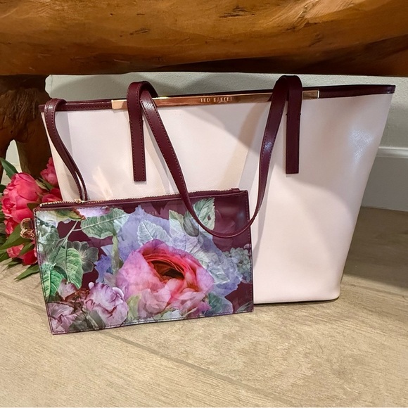 Ted Baker London Handbags - Ted Baker London Pink and Burgundy Floral Tote Bag Rose Gold Accents
